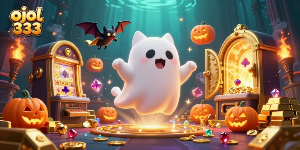 This dynamic illustration showcases the enchanting world of ojol 333, featuring a ghost cat and vampire bat amidst a vibrant haunted casino theme.