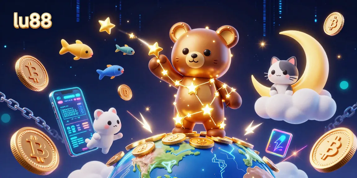 Betting with lu88 brings excitement with a constellation bear collecting virtual coins amidst dazzling digital elements.