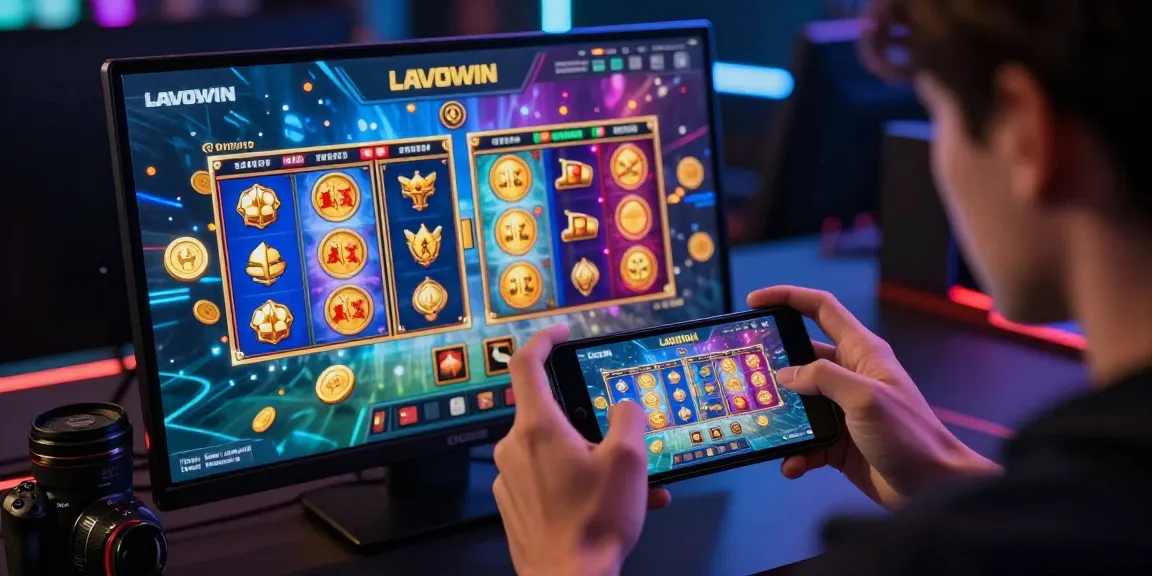 Player enjoying LAVOWIN online gaming platform, vibrant slot games on mobile