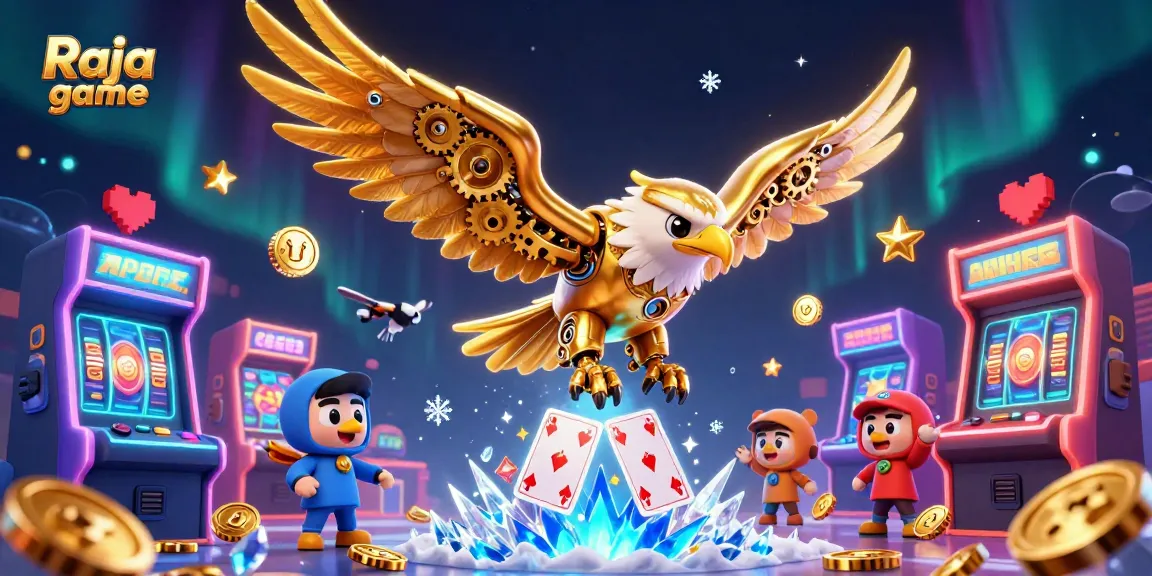 Experience thrilling gameplay with Raja game as a golden eagle dives through holographic cards, surrounded by vibrant gaming elements.