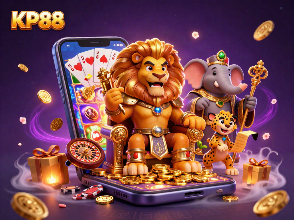 Engage with KP88's dynamic casino scene featuring a lion king, elephant advisor, and cheetah messenger.