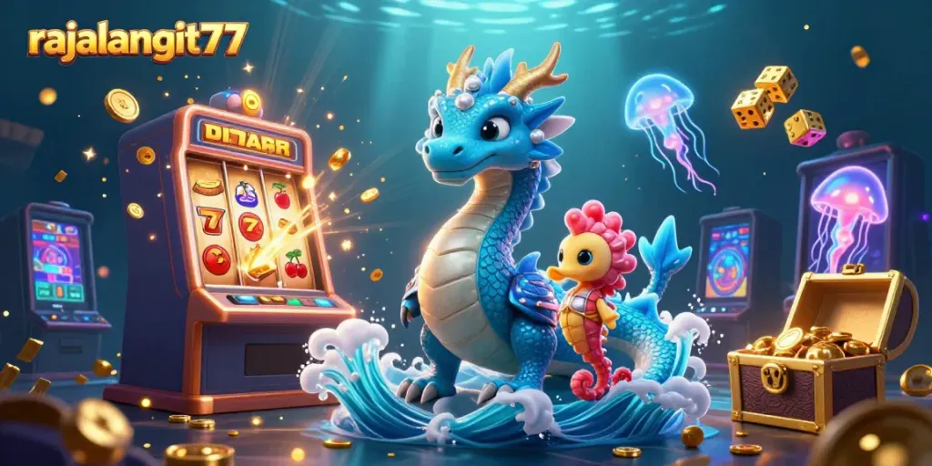 Mendapat jackpot dengan rajalangit77, naga air biru dan kuda laut di latar kasino.