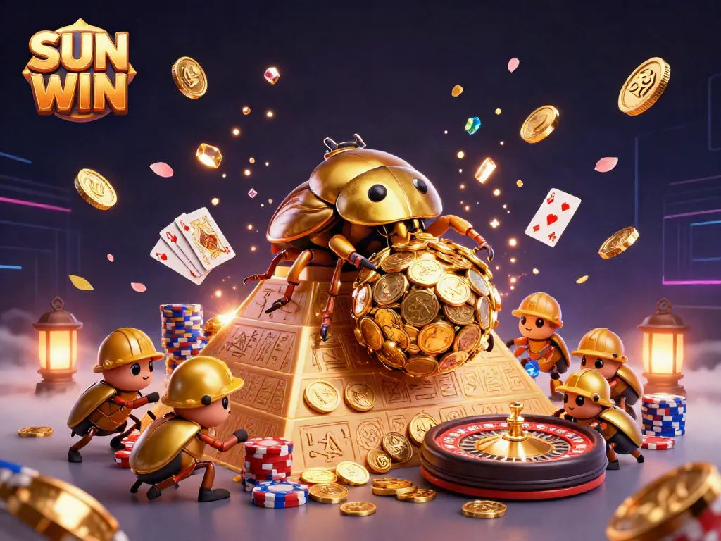 SUN WIN engages players with a lively 3D casino scene featuring golden dung beetles rolling coins, spinning roulette, and vibrant game elements.