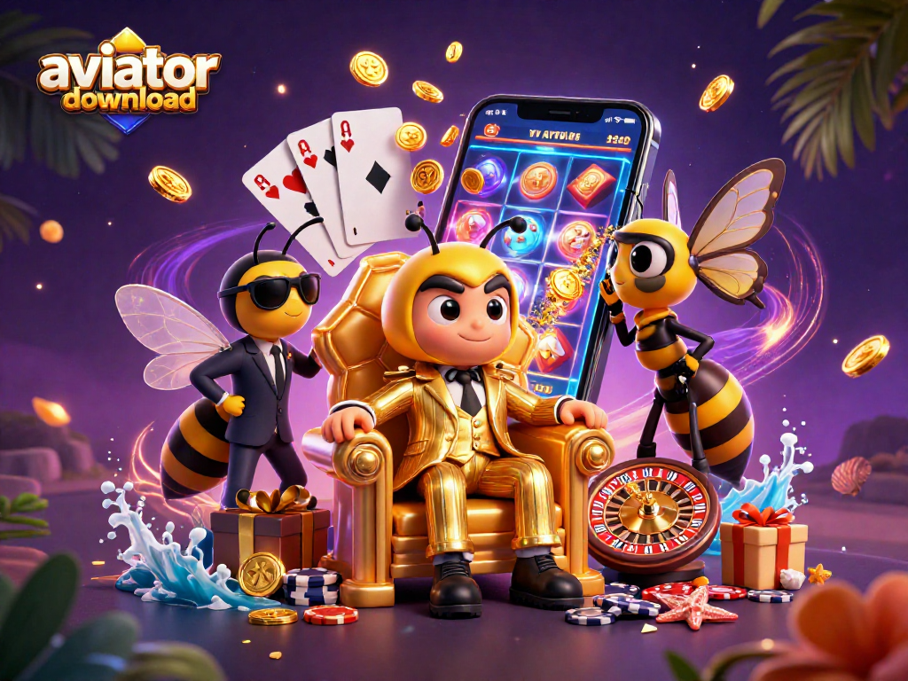 Aviator download showcases an energetic scene with a bumblebee mob boss, wasp bodyguards, and a butterfly informant surrounded by casino elements.