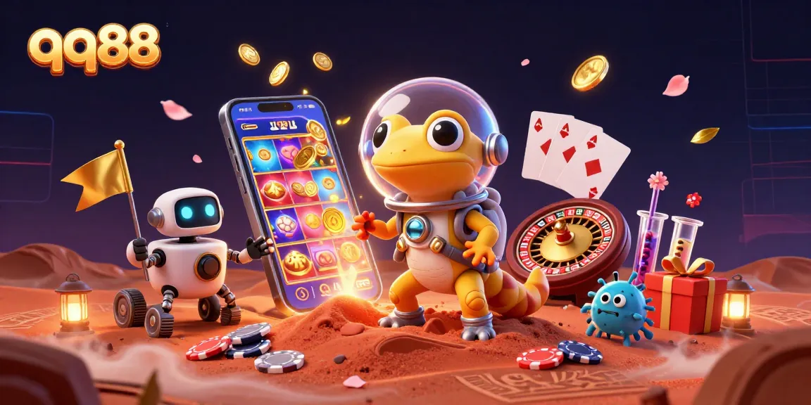 Experience thrilling gameplay at qq88 with a Martian gecko discovering a golden casino in vibrant 3D.