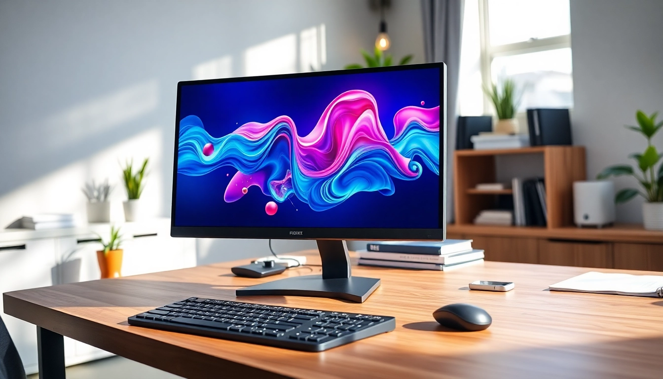 Refurbished PC setup highlighting sleek design and vibrant display in an organized workspace.