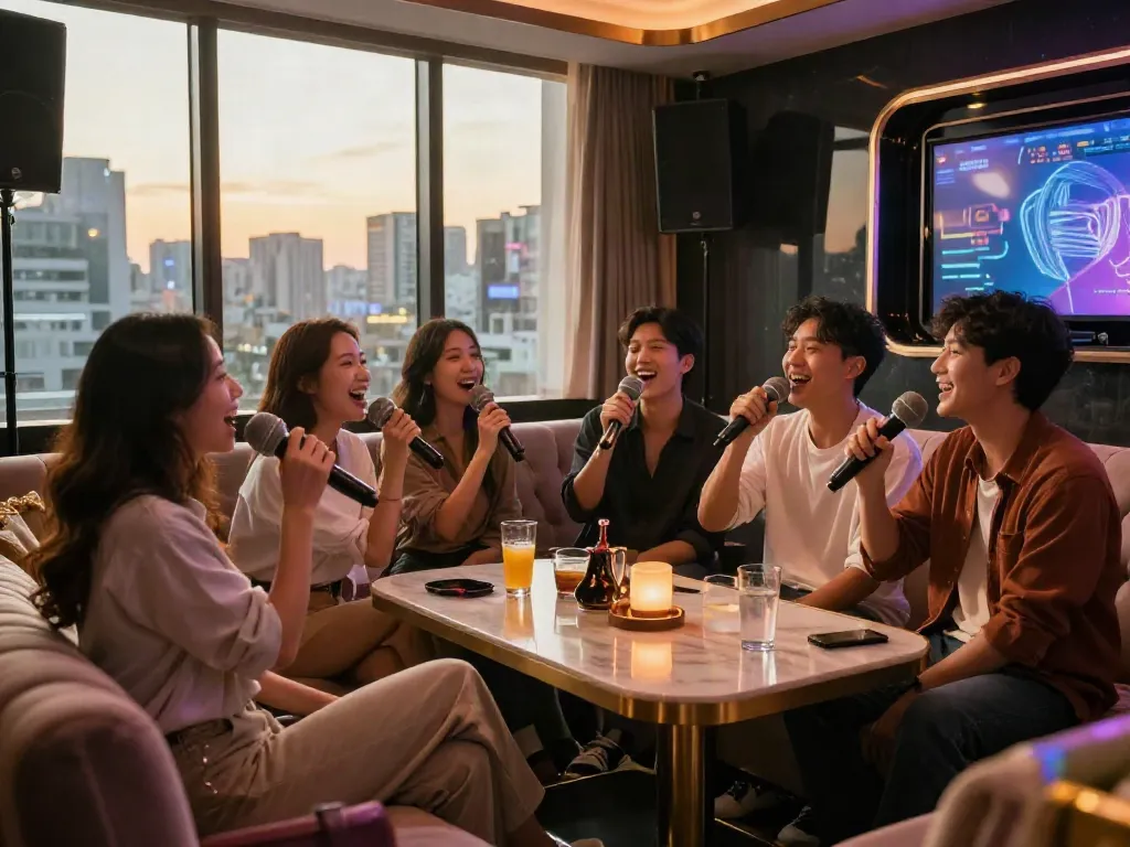 강남 달토의 고급스러운 가라오케 룸에서 친구들이 즐거운 시간을 보내는 모습