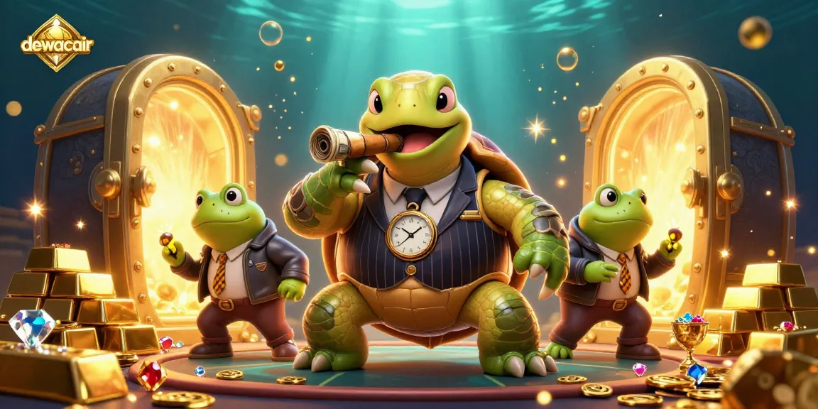 Dewacair's engaging casino adventure featuring a snapping turtle in a mobster suit and bullfrogs amidst treasure.