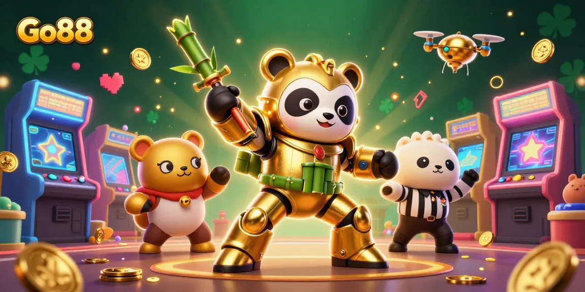 Engage with Go88's vibrant gaming universe featuring a 3D panda in an action-packed arcade setting.