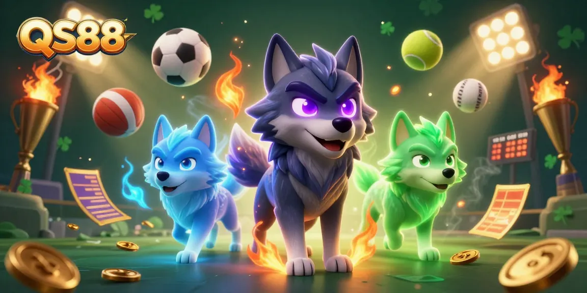 Experience the thrill of QS88 with exciting gaming elements and dynamic wolf characters in this vibrant scene.