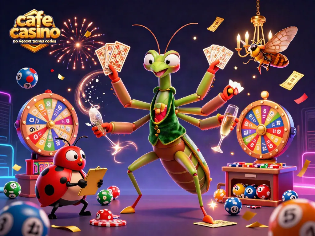 Cafe casino no deposit bonus codes illustrated with a 3D mantis card sharp and ladybug pit boss in a lively casino scene.
