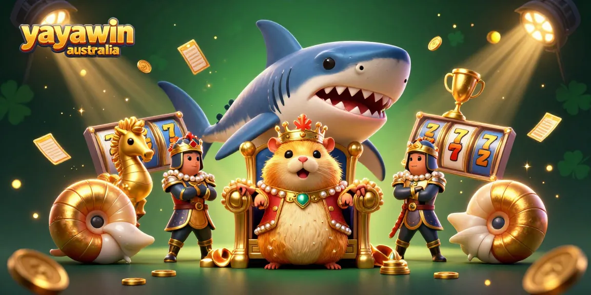 Experience the excitement of Yayawin Australia with this vibrant 3D illustration featuring pokies and a hamster king.