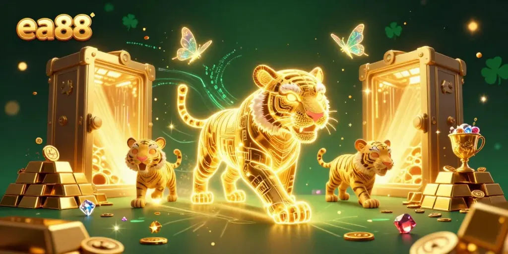 ea88 dẫn dắt người chơi vào thế giới casino trực tuyến với hình ảnh hồ hởi và một kho báu vàng lấp lánh.