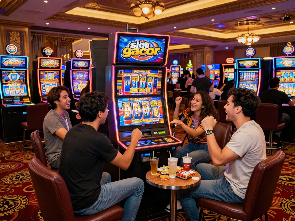 Exciting group enjoying slot gacor machine in vibrant casino atmosphere.