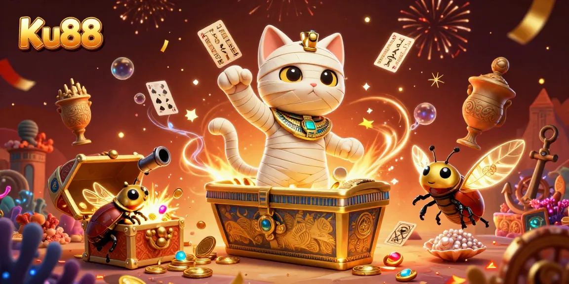 Experience thrilling action at Ku88 with a dynamic 3D illustration of a mummy cat in a casino.