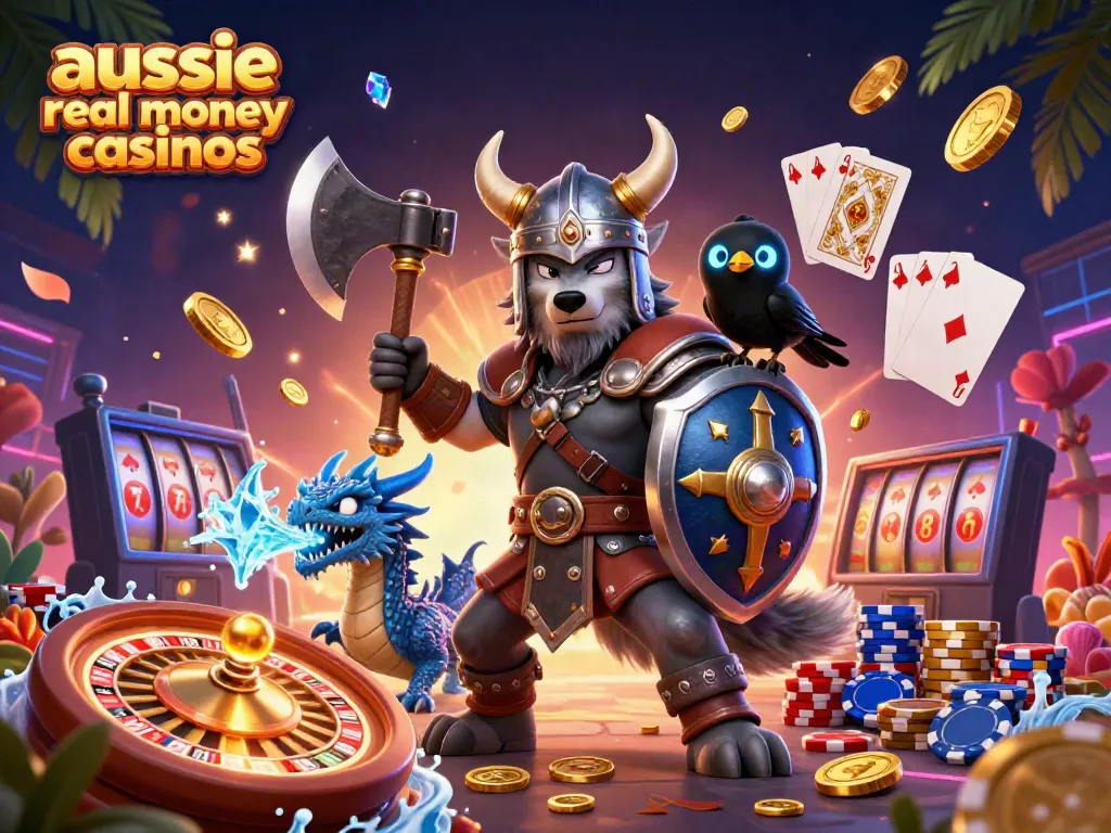 A dynamic scene illustrating aussie real money casinos with a Viking wolf, dragon, and glowing raven amid casino elements.