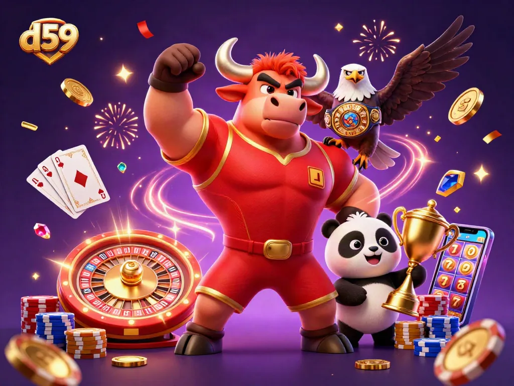 Experience thrilling gameplay on d59 with a dynamic 3D casino scene featuring a bull, eagle, and panda.
