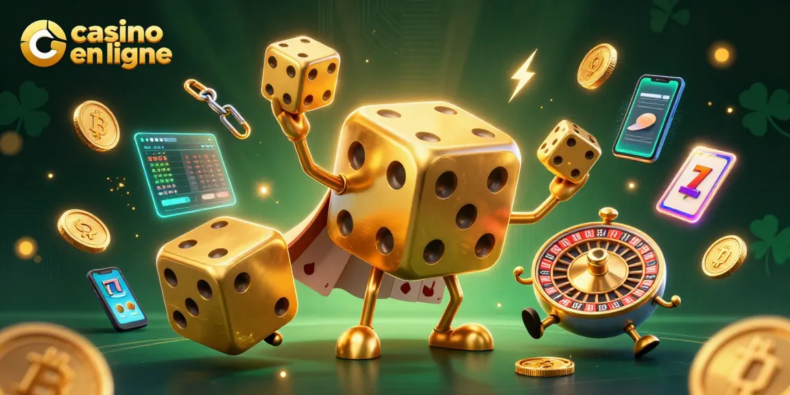 Image dynamique de casino en ligne avec des dés dorés et des éléments de jeux d'argent, créant une expérience immersive.