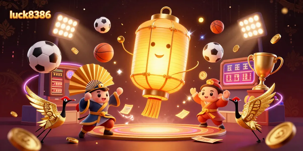 Engage with luck8386 at this vibrant online casino scene showcasing a glowing lantern spirit and dynamic sports betting elements.
