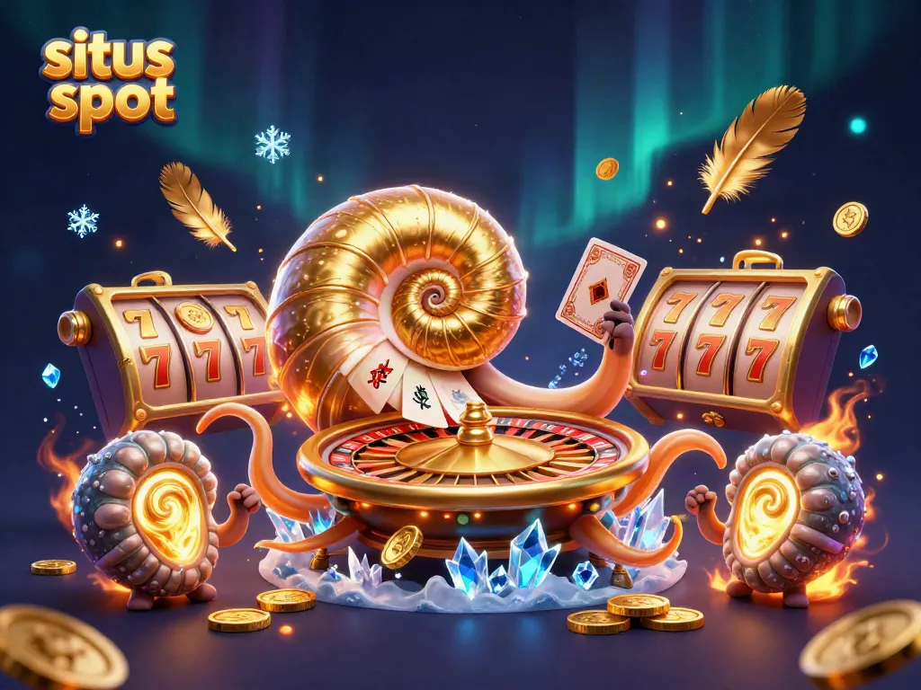 Situs slot dengan nautilus raksasa dan simbol keberuntungan yang bersinar di arena kasino.