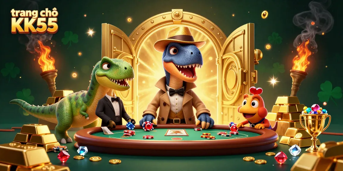 Experience the excitement at trang chủ KK55 with a thrilling blackjack scene featuring animated dinosaurs.