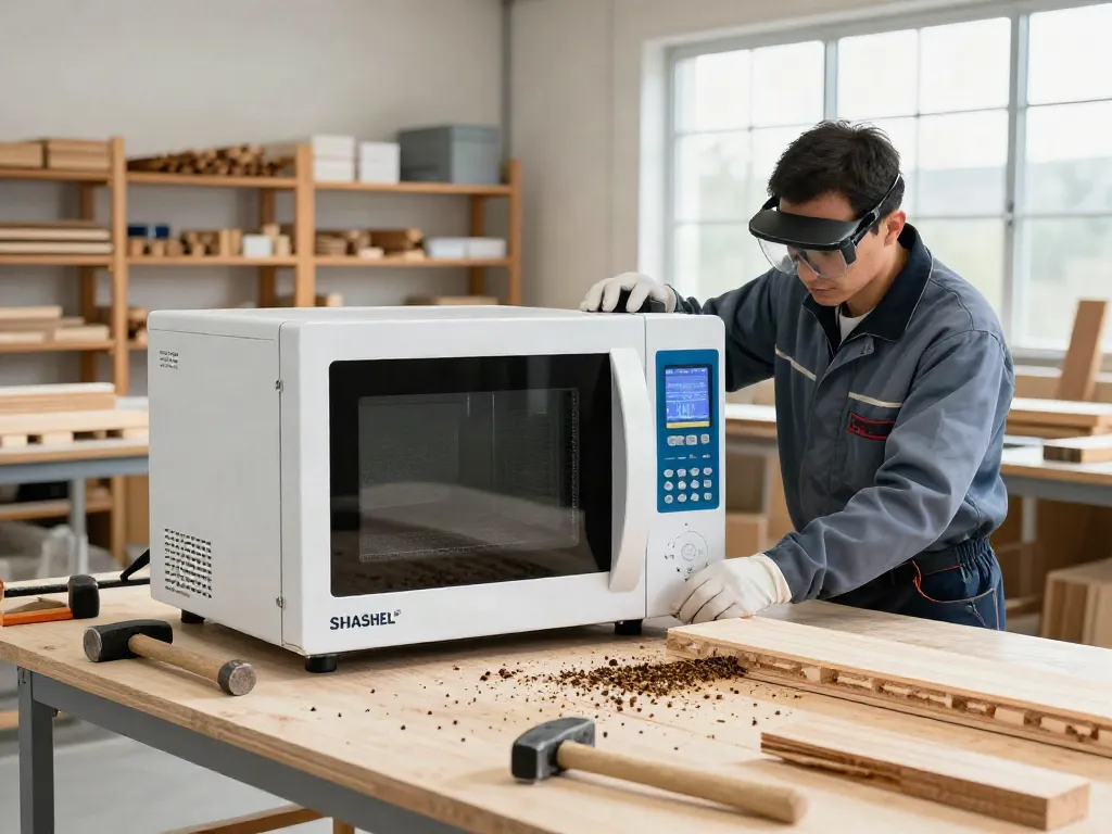 SHASHEL® microwave equipment effectively eliminating wood-boring insects in a modern workshop.