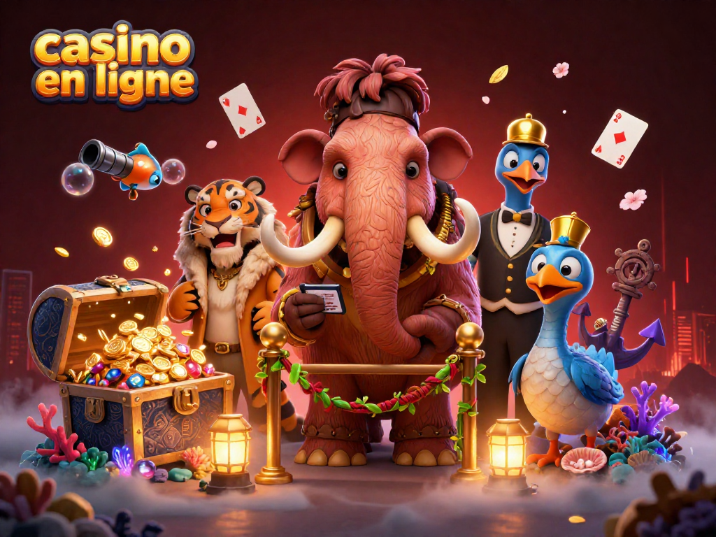 Venez jouer au casino en ligne avec nos personnages animés stylisés dans une scène dynamique.