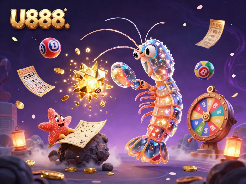 Experience U888 excitement with a galactic shrimp bursting gems and coins, thriving in a cosmic lottery atmosphere.