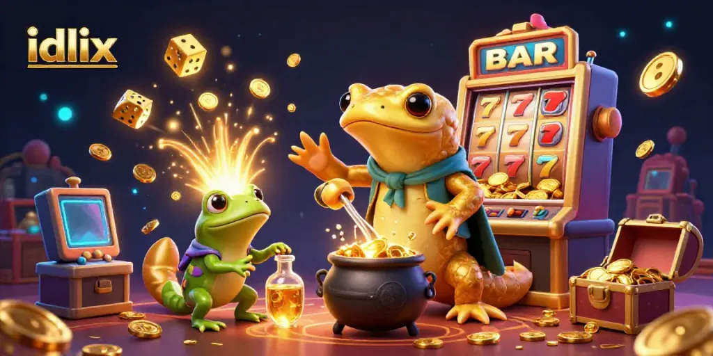 Experience idlix with a giant golden salamander alchemist, frogs, and casinos in a vibrant gaming scene.