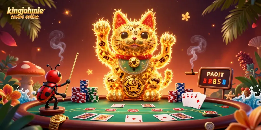 Experience the vibrant energy of kingjohnnie casino online with a whimsical lucky cat and poker elements.