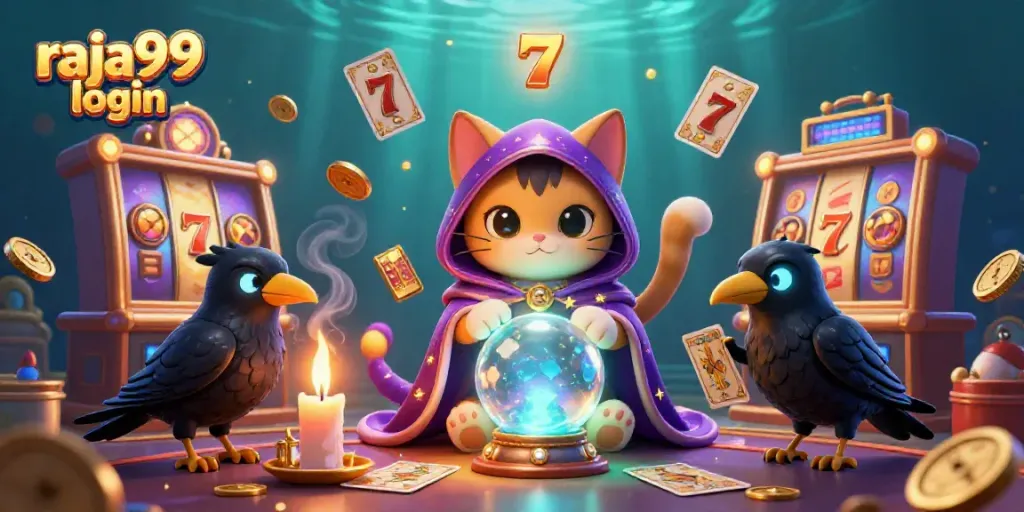 Engage with the raja99 login experience through an immersive casino-themed illustration showcasing vibrant characters and slot elements.