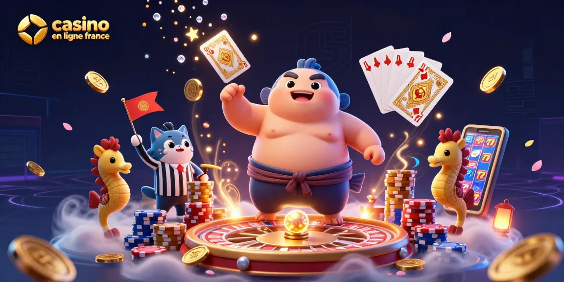 Jouez en toute sécurité sur un casino en ligne France avec des animations ludiques entourées de pièces d'or.