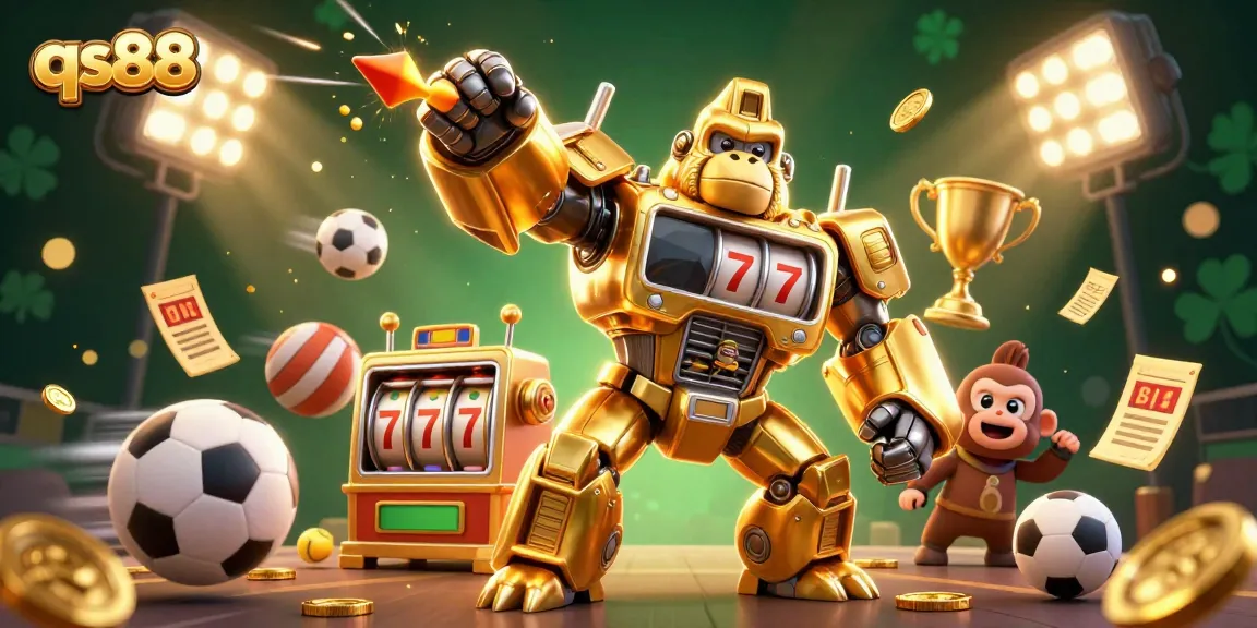 Experience thrilling gameplay at qs88 with a dynamic scene of a golden gorilla mech and sports elements.