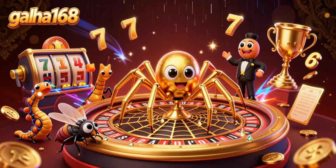 gacha168 captures the thrill of gameplay with a golden spider, roulette wheel, and dynamic slot elements.