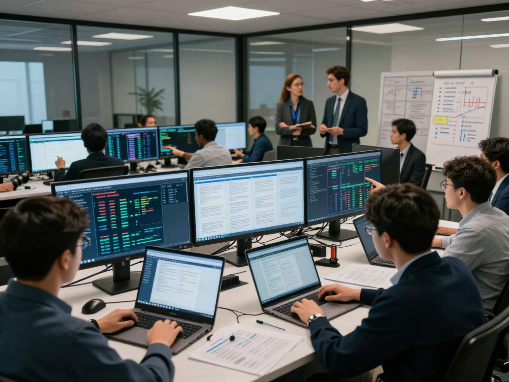 Team collaborating on document fraud detection software analytics in a modern security center.