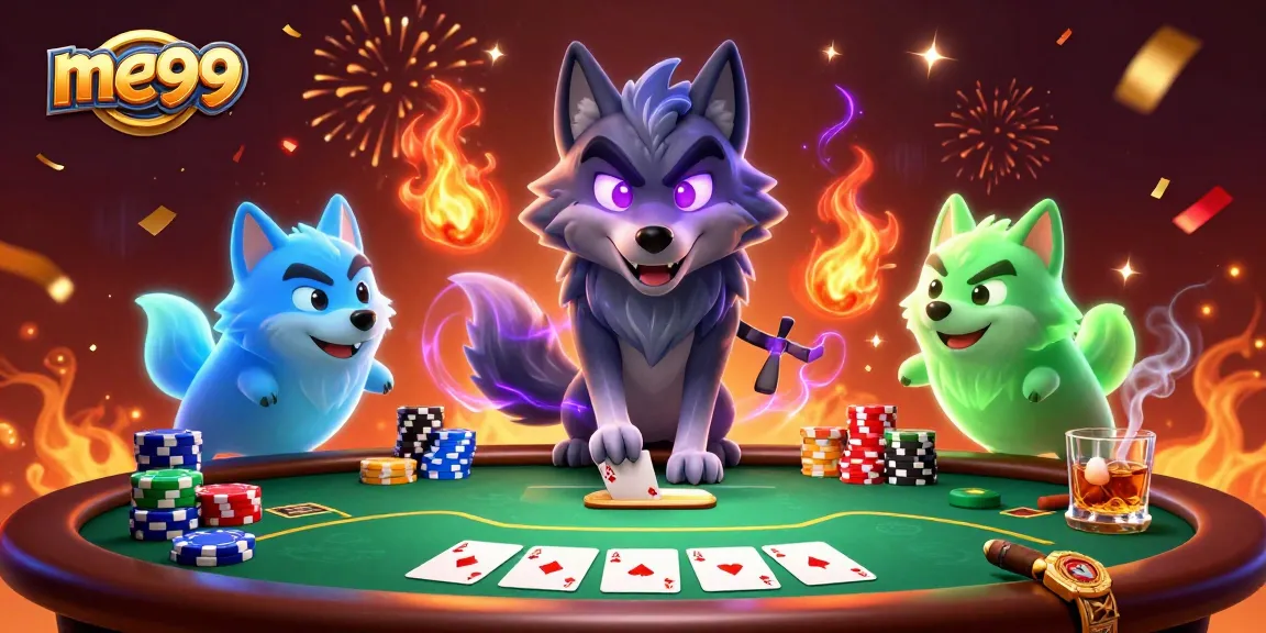 Experience thrilling poker action at me99 with ghostly wolves and vibrant casino elements!
