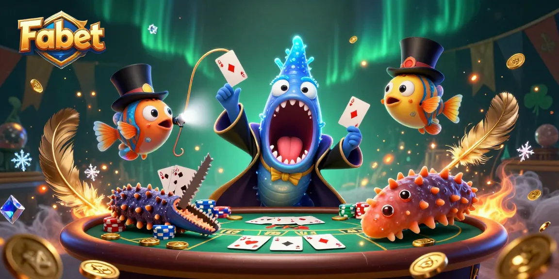 Fabet presents a magical underwater poker scene featuring a gulper eel magician and friends.