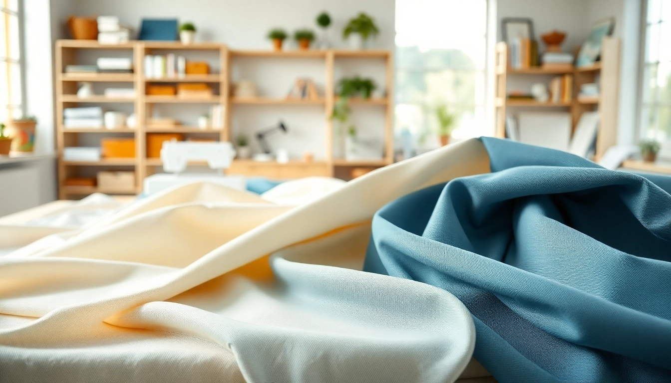 Kreukvrije stoffen zoals polyester en lyocell tentoongesteld in een ontwerpstudio.