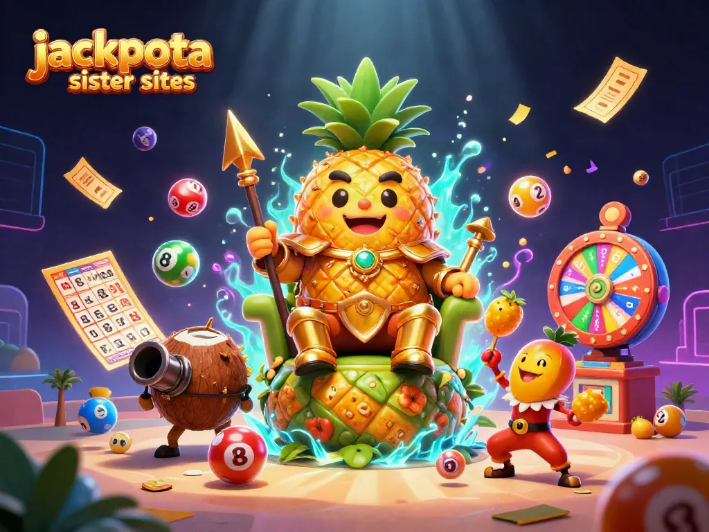 Experience action at jackpota sister sites with animated casino characters, vibrant games, and festive elements.