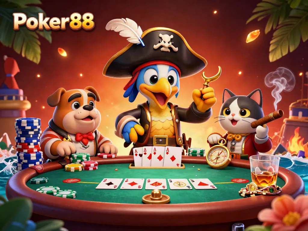 Experience Poker88 with vibrant poker action featuring colorful chips and lively characters.