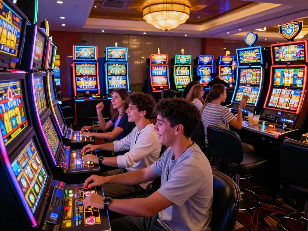 Excited friends enjoying a thrilling slot777 gaming experience in a vibrant casino atmosphere.