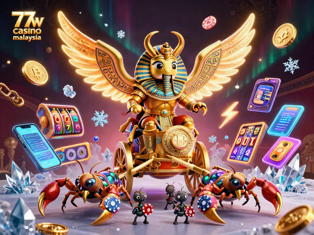 Experience the excitement of 77w casino malaysia with a vibrant and dynamic 3D illustration of gaming elements.