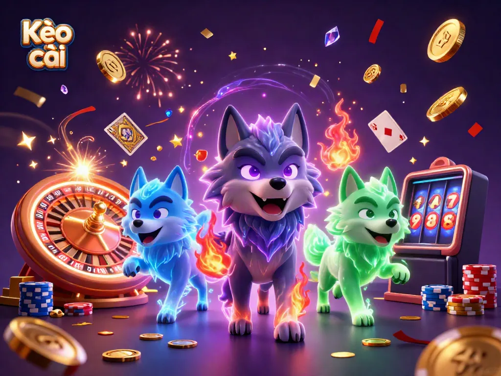 Engaging 3D scene depicting Kèo nhà cái with mystical wolves, gold coins, and a roulette wheel.