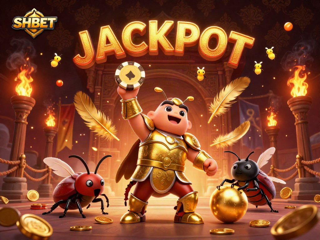 Win with SHBET: 3D hercules beetle celebrates victory amid casino-themed elements.