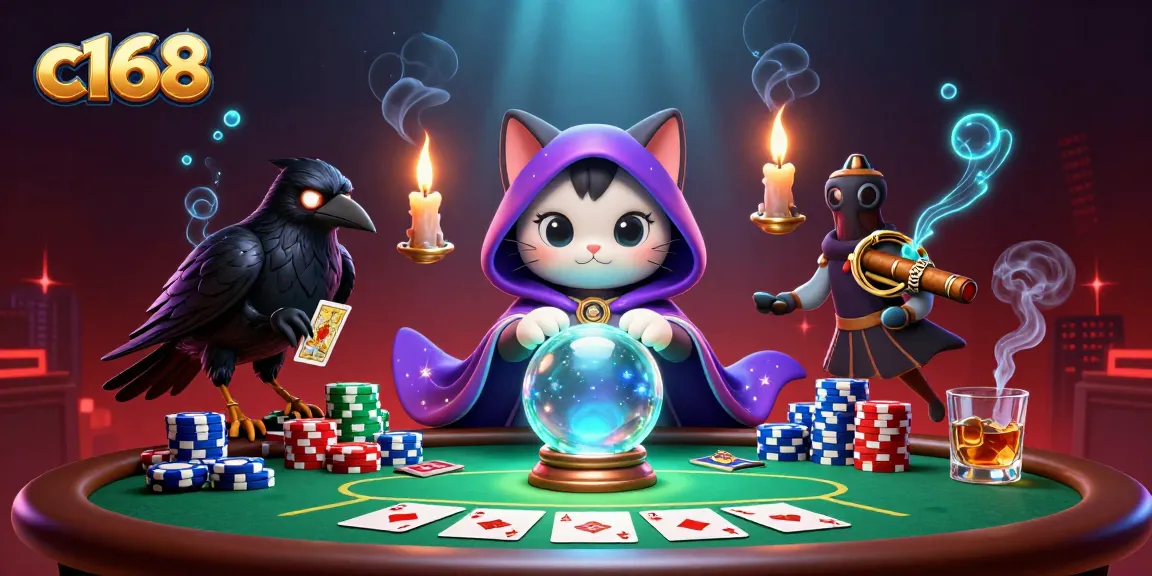 Engage in thrilling poker action with c168 as a fortune teller cat and a tarot raven illuminate the scene.
