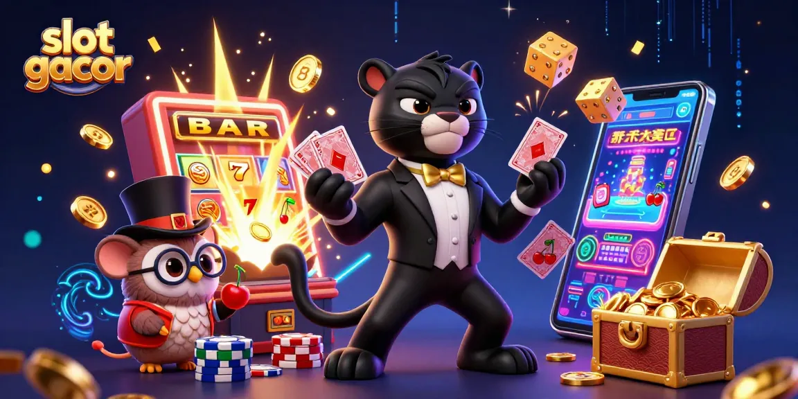Slot gacor dengan karakter kartun 3D bermain kartu di kasino yang megah dan ceria.