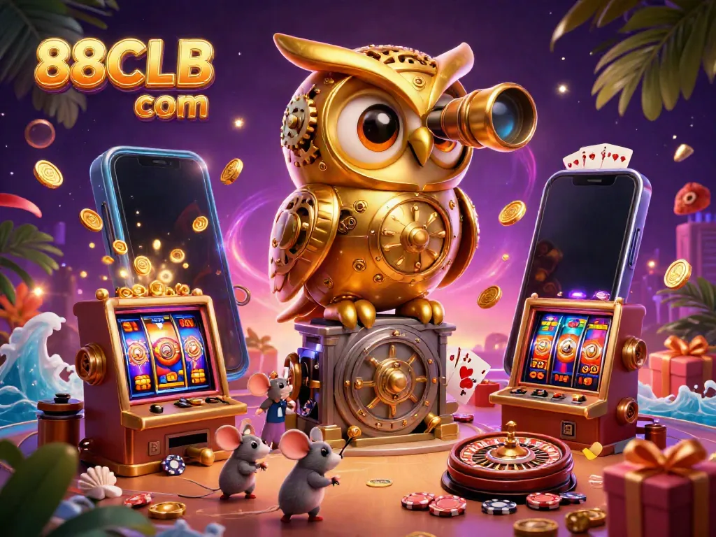 Spin vibrant slots and win with 88CLB com in an engaging 3D casino scene featuring an owl and animated elements.