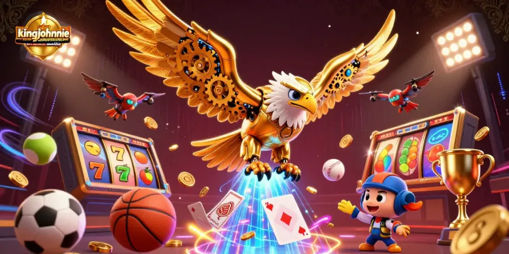 Experience thrilling games at kingjohnnie online casino australia with dynamic 3D scenes featuring golden eagle and slot symbols.