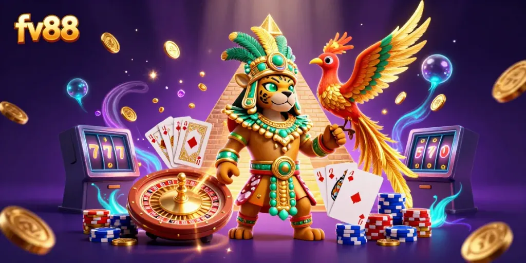 Experience thrilling gaming at fv88 with vibrant Mayan characters, sparkling coins, and a dynamic casino atmosphere.