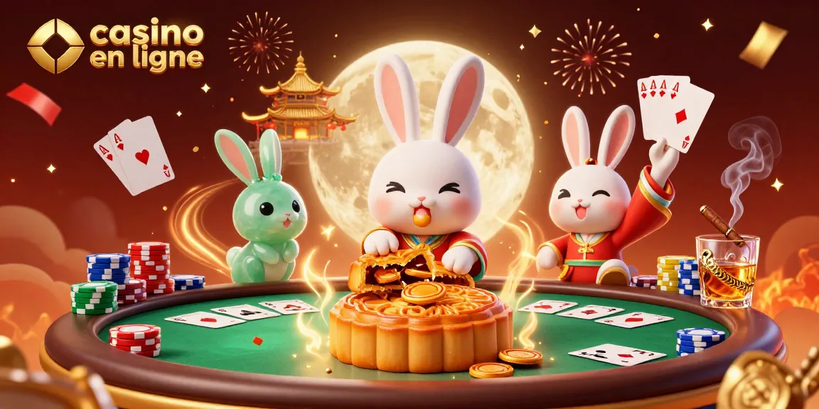Illustration d'un casino en ligne avec un lapin de lune et des jetons de poker au-dessus d'une table de jeu.